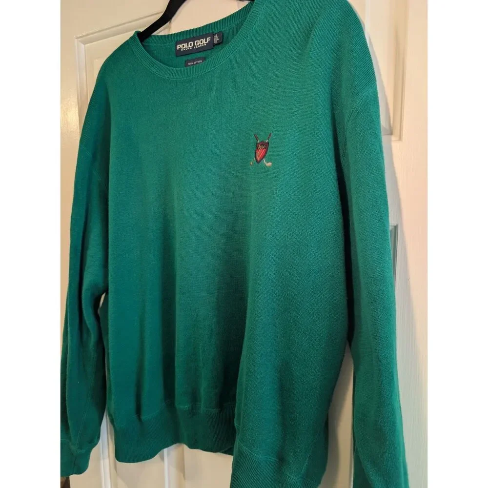 Vintage Polo Golf Ralph Lauren Men's Large Green Crest Crewneck Sweater